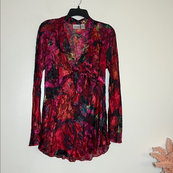 Chico's Silk Red Floral Paisley Burnout Velvet Velour Long Sleeve Top Blouse 1 - Picture 2 of 6